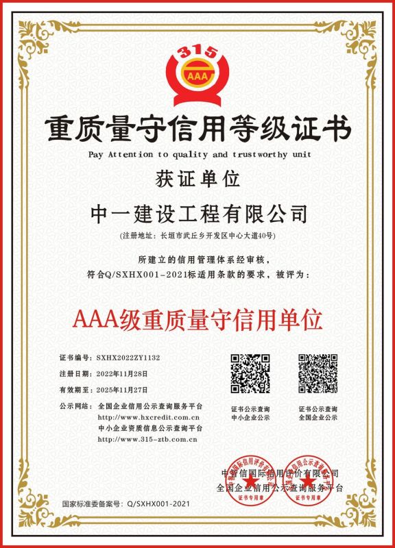 重質量守信用等級證書